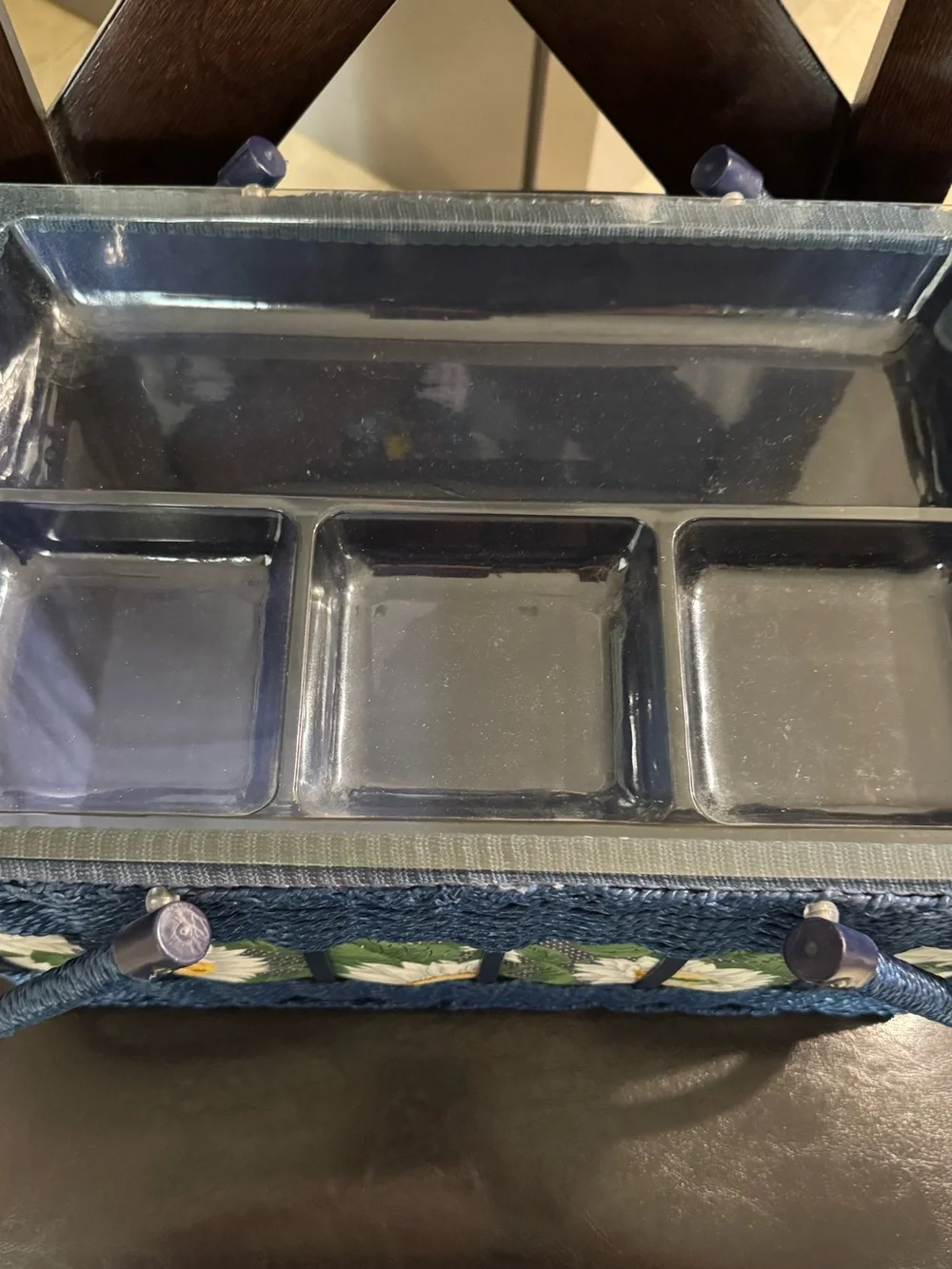 Vtg Wicker Sewing Basket Blue With Sunflowers Storage Box With Handle